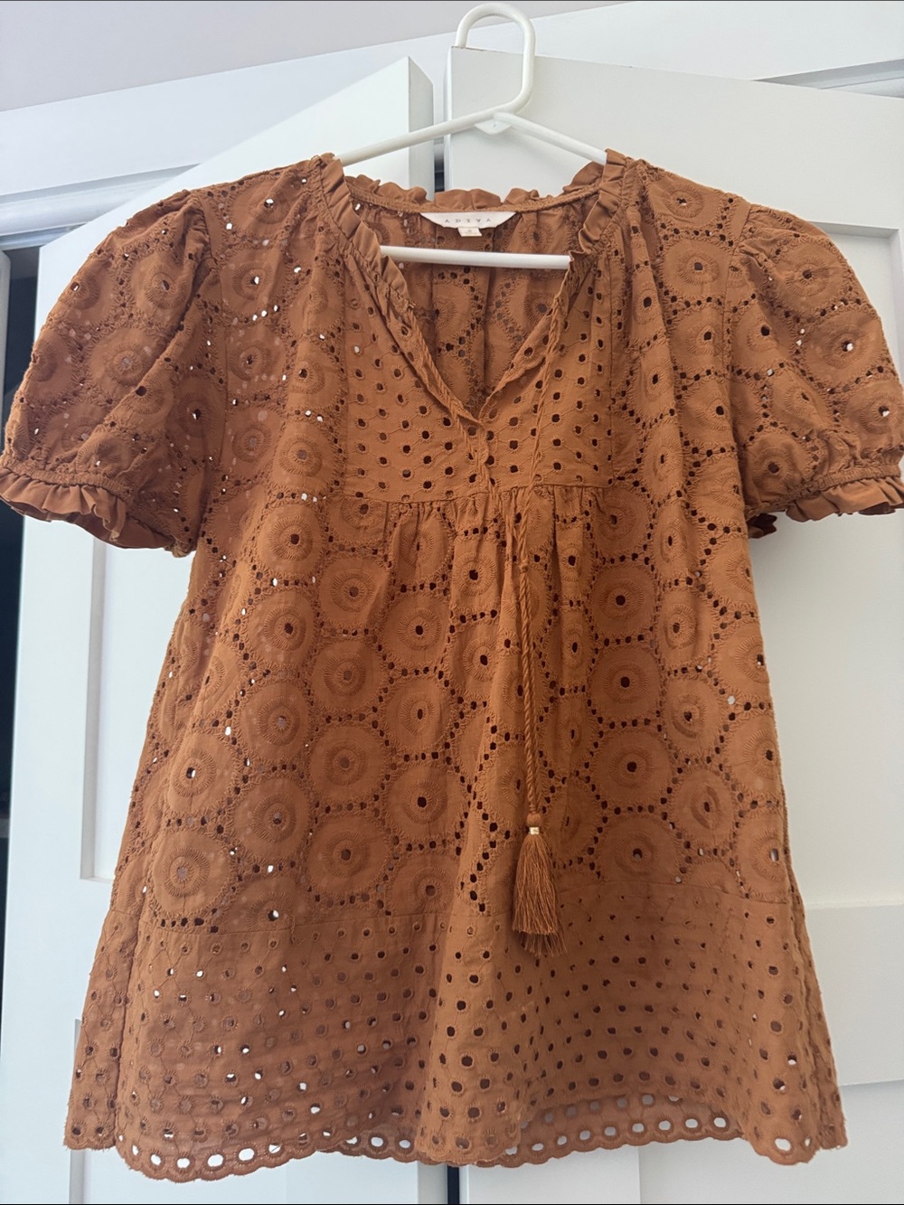 Adiva Rust Eyelet Babydoll Blouse with Tassel